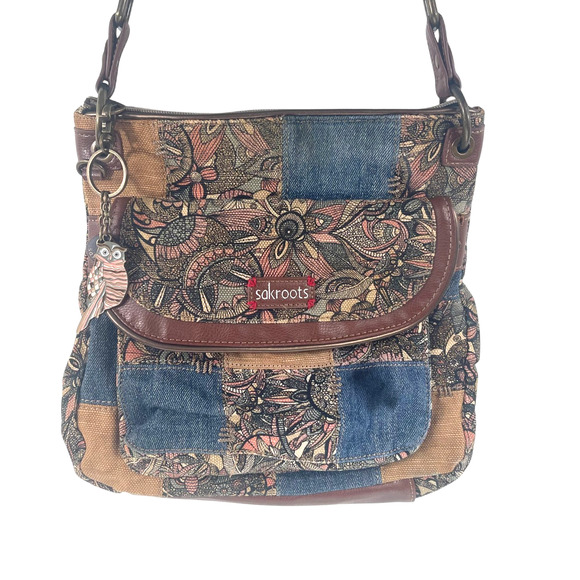 Sakroots Patchwork Artist Circle Flap Crossbody Bag Sienna Desert Owl Boho FLAW - Picture 1 of 11